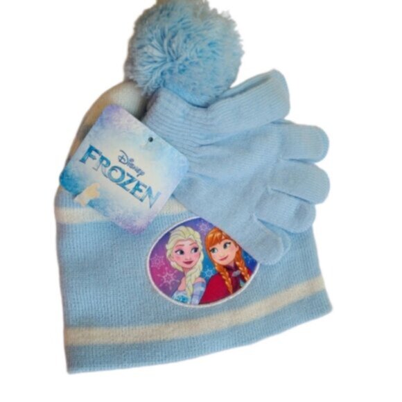 DISNEY Girls Frozen Elsa Blue Striped Pom Pom Knit Warm Winter Hat and Glove Set - Picture 2 of 5